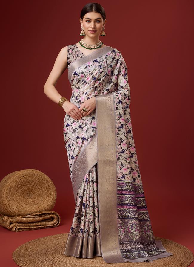 Cotton Dark Vanila Festival Wear Floral Print Saree